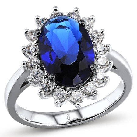 Sterling Silver w/ Black White Plating Ring White Cubic Zirconia,Blue Glass (R301435BLGZSK925) - US 5.5