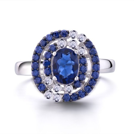 Sterling Silver w/ Black White Plating Ring Blue Glass,Blue Nano Cubic Zirconia,White Cubic Zirconia (R303081BLNZSK925) - US 5