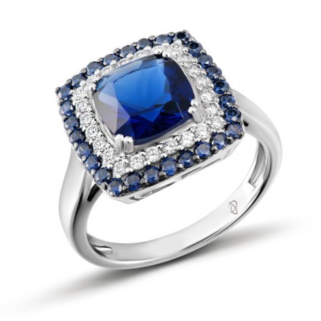 Sterling Silver w/ Black White Plating Ring Blue Glass,Blue Nano Cubic Zirconia,White Cubic Zirconia (R303192BLNZSK925) - US 5