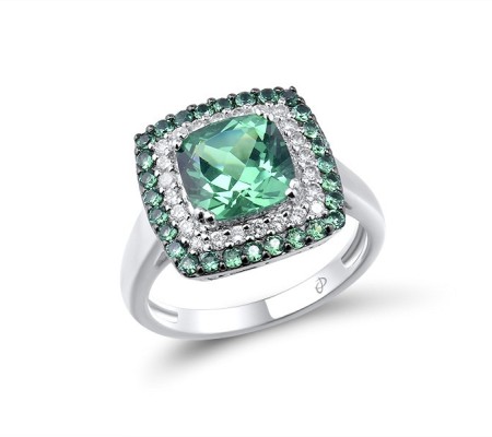Sterling Silver w/ Black White Plating Ring Green Spinel,White Cubic Zirconia (R303192GSZSK925) - US 6