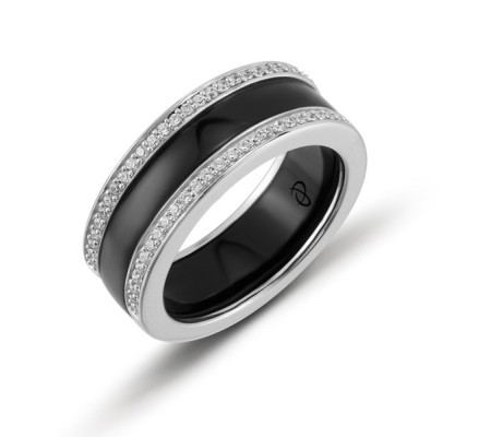 Sterling Silver Ring Black Ceramic,White Cubic Zirconia (R303339BKCZSL925) - US 6.5
