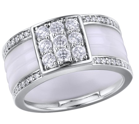 Sterling Silver Ring White Ceramic,White Cubic Zirconia (R303340WECZSL925) - US 6.5