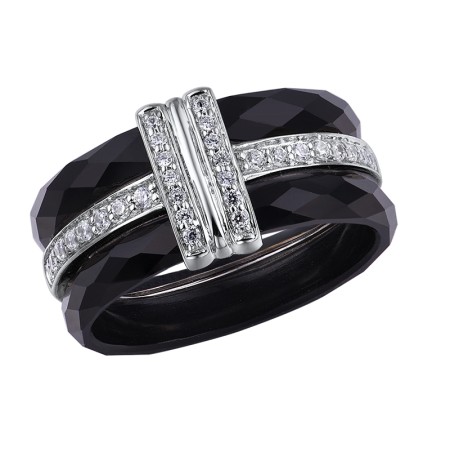 Sterling Silver Ring Black Ceramic,White Cubic Zirconia (R303342BKCZSL925) - US 6.5
