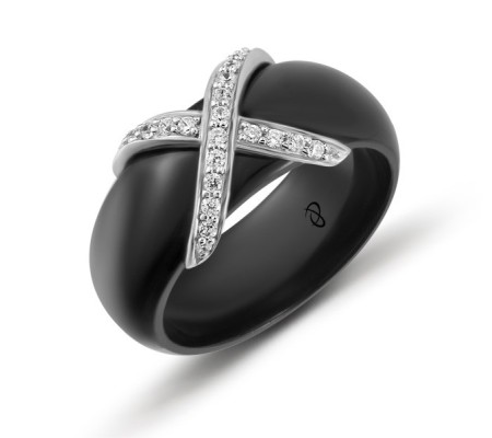 Sterling Silver Ring Black Ceramic,White Cubic Zirconia (R303343BKCZSL925) - US 5.5