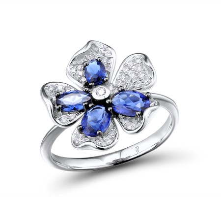 Sterling Silver w/ Black White Plating Ring Blue Glass,White Cubic Zirconia (R303513BLGZSK925) - US 6