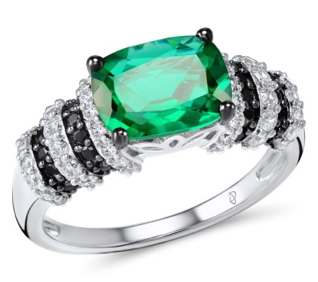 Sterling Silver w/ Black White Plating Ring Black spinel,Green Glass,White Cubic Zirconia (R303650BGZSK925) - US 6