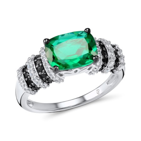 Sterling Silver w/ Black White Plating Ring Black spinel,Green Glass,White Cubic Zirconia (R303650BGZSK925) - US 6