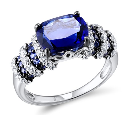 Sterling Silver w/ Black White Plating Ring Blue Glass,Blue Nano Cubic Zirconia,White Cubic Zirconia (R303650BLNZSK925) - US 5.5