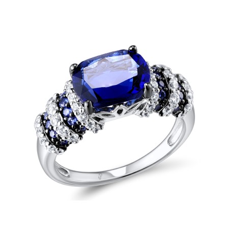 Sterling Silver w/ Black White Plating Ring Blue Glass,Blue Nano Cubic Zirconia,White Cubic Zirconia (R303650BLNZSK925) - US 5.5