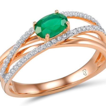 Sterling Silver w/ Ionic Rose Plating Ring Dyed Green Agate,White Cubic Zirconia (R303710GEZSQ925)