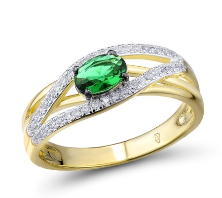 Sterling Silver w/ Yellow Black White Plating Ring Green Glass,White Cubic Zirconia (R303710SGRGZSZ925) - US 5.5