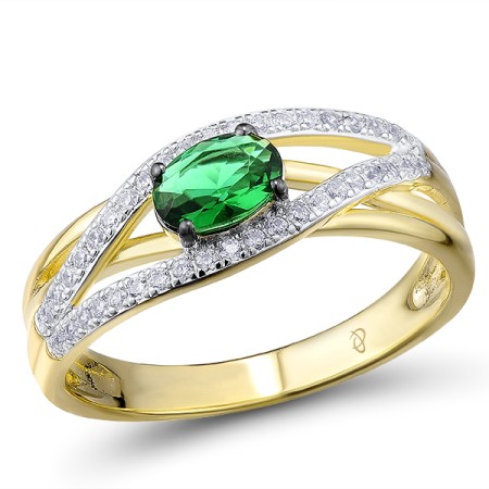 Sterling Silver w/ Yellow Black White Plating Ring Green Glass,White Cubic Zirconia (R303710SGRGZSZ925) - US 5.5