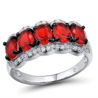 Sterling Silver w/ Black White Plating Ring Red Glass,White Cubic Zirconia (R303726REGZSK925) - US 6