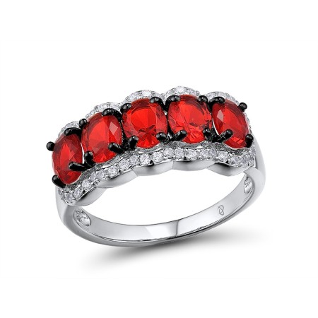 Sterling Silver w/ Black White Plating Ring Red Glass,White Cubic Zirconia (R303726REGZSK925) - US 6