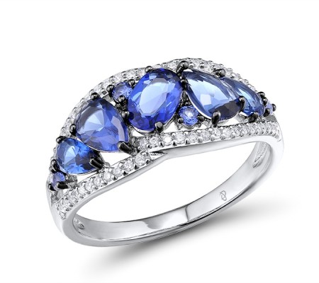 Sterling Silver w/ Black White Plating Ring Blue Glass,Blue Nano Cubic Zirconia,White Cubic Zirconia (R303745BLNZSK925) - US 6