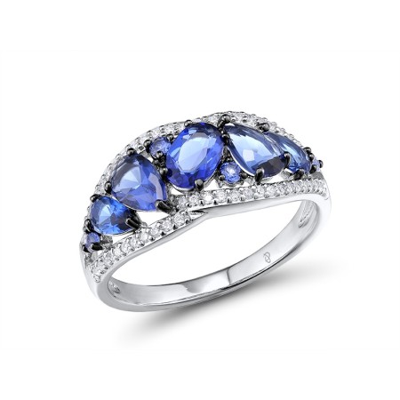 Sterling Silver w/ Black White Plating Ring Blue Glass,Blue Nano Cubic Zirconia,White Cubic Zirconia (R303745BLNZSK925) - US 6