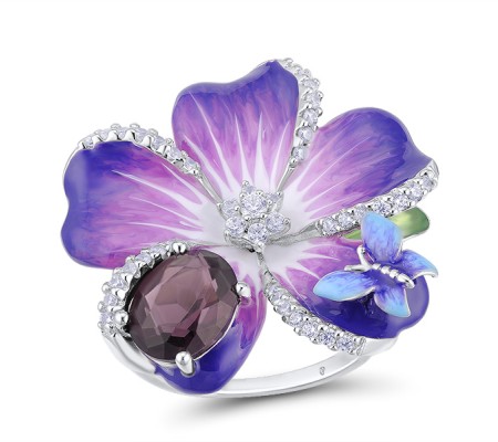 Sterling Silver Ring White Cubic Zirconia,Enamel,Purple Glass (R303873AENA3SL925) - US 5.5