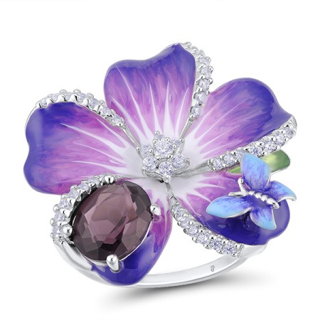 Sterling Silver Ring White Cubic Zirconia,Enamel,Purple Glass (R303873AENA3SL925) - US 5.5