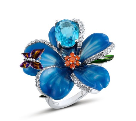 Sterling Silver Ring Enamel,Orange Zircon,White Cubic Zirconia,Blue Glass (R303873AENASL925) - US 5.5