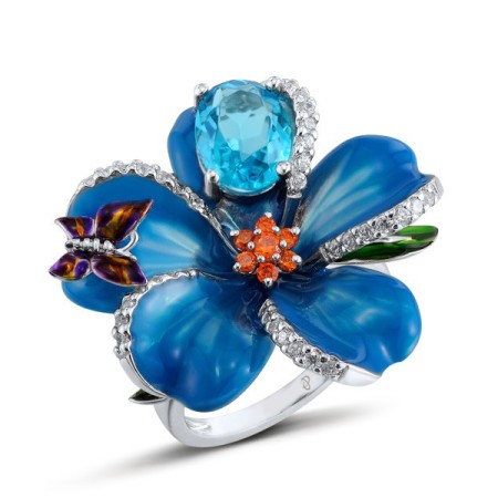 Sterling Silver Ring Enamel,Orange Zircon,White Cubic Zirconia,Blue Glass (R303873AENASL925) - US 5.5