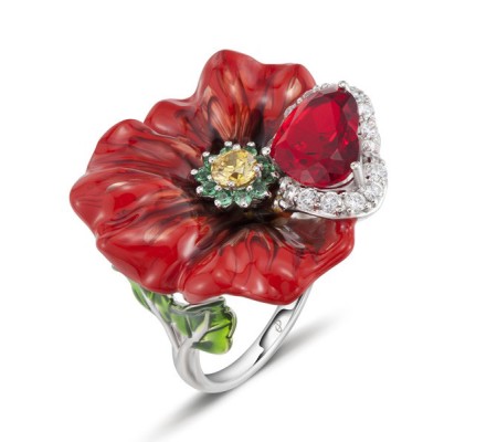 Sterling Silver Ring Green Spinel,Red Glass,White Cubic Zirconia,Enamel,Yellow Cubic Zirconia (R303874AENASL925) - US 5.5