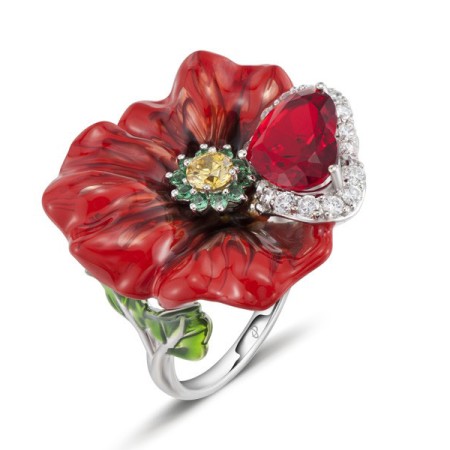 Sterling Silver Ring Green Spinel,Red Glass,White Cubic Zirconia,Enamel,Yellow Cubic Zirconia (R303874AENASL925) - US 5.5