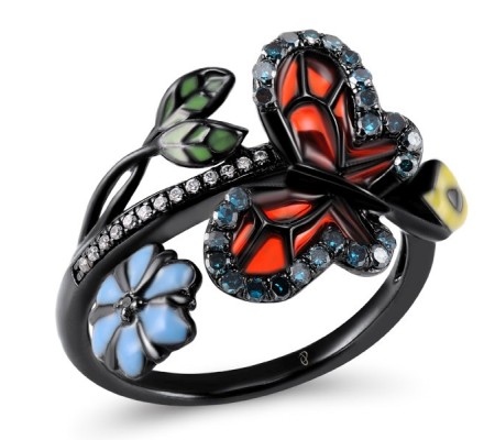 Sterling Silver w/ Black Plating Ring Black spinel,Blue Diamond,Enamel,White Cubic Zirconia (R303957ENASB925)