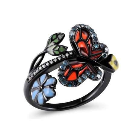 Sterling Silver w/ Black Plating Ring Black spinel,Blue Diamond,Enamel,White Cubic Zirconia (R303957ENASB925)