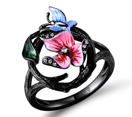 Sterling Silver w/ Black Plating Ring Enamel,White Cubic Zirconia (R304019ENASB925)