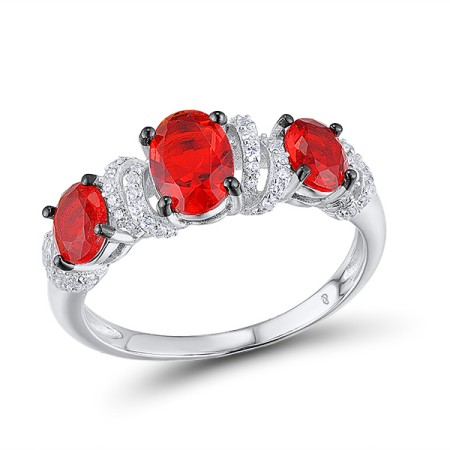 Sterling Silver w/ Black White Plating Ring Red Glass,White Cubic Zirconia (R304113SREGZSK925) - US 6