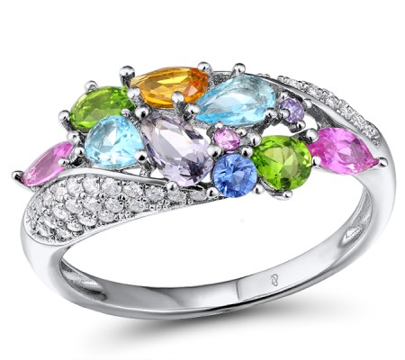 Sterling Silver Ring Purple Glass,Created Pink Sapphire,Amethyst Cubic Zirconia,White Cubic Zirconia,Green Glass,Blue Glass,Orange Glass,Blue Spinel (R304173SMUL2SL925) - US 5.5