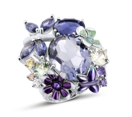 Sterling Silver Ring Amethyst Cubic Zirconia,Champagne Cubic Zirconia,Enamel,Green Glass,Purple Glass,White Cubic Zirconia,Yellow Glass,Yellow Nano Crystal (R304201ENASL925) - US 6