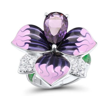 Sterling Silver Ring Purple Glass,White Cubic Zirconia,Enamel (R304202ENASL925) - US 5.5