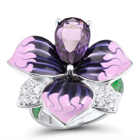 Sterling Silver Ring Purple Glass,White Cubic Zirconia,Enamel (R304202ENASL925) - US 5.5