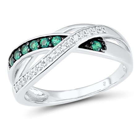 Sterling Silver w/ Black White Plating Ring Green Spinel,White Cubic Zirconia (R304249SGSZSK925) - US 5