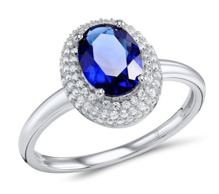 Sterling Silver Ring Blue Glass,White Cubic Zirconia (R304261SBLGZ1SL925) - US 5