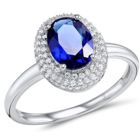 Sterling Silver Ring Blue Glass,White Cubic Zirconia (R304261SBLGZ1SL925) - US 5