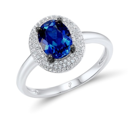 Sterling Silver w/ Black White Plating Ring Blue Glass,White Cubic Zirconia (R304261SBLGZSK925) - US 6
