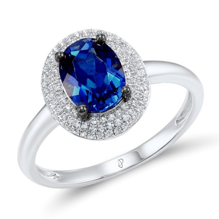 Sterling Silver w/ Black White Plating Ring Blue Glass,White Cubic Zirconia (R304261SBLGZSK925) - US 6