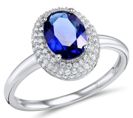 Sterling Silver Ring Blue Glass,White Cubic Zirconia (R304261SBLGZSL925) - US 5