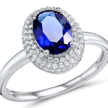 Sterling Silver Ring Blue Glass,White Cubic Zirconia (R304261SBLGZSL925) - US 5