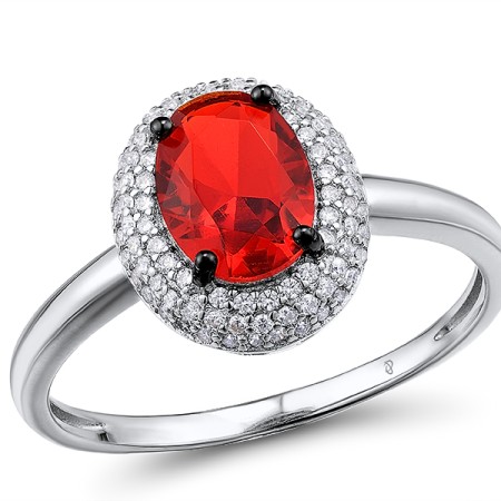 Sterling Silver w/ Black White Plating Ring White Cubic Zirconia,Red Glass (R304261SREGZSK925) - US 6