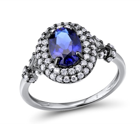 Sterling Silver w/ Black Plating Ring Blue Glass,White Cubic Zirconia (R304264SBLGZSK1925) - US 6