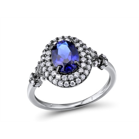 Sterling Silver w/ Black Plating Ring Blue Glass,White Cubic Zirconia (R304264SBLGZSK1925) - US 6