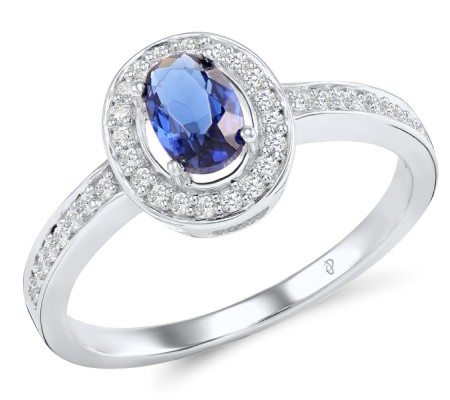 Sterling Silver Ring Blue Glass,White Cubic Zirconia (R304361SBLGZSL925) - US 5