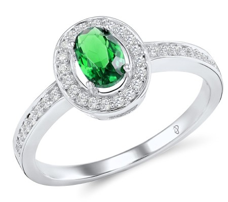 Sterling Silver Ring Green Glass,White Cubic Zirconia (R304361SGRGZSL925) - US 5.5