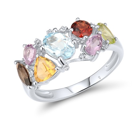 14KW Ring Amethyst,Blue Topaz (Sky Blue),Citrine,Diamond,Garnet,Peridot,Smoky Quartz (R304415MUL114KW) - US 7