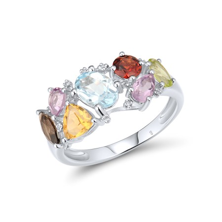 14KW Ring Amethyst,Blue Topaz (Sky Blue),Citrine,Diamond,Garnet,Peridot,Smoky Quartz (R304415MUL114KW) - US 7