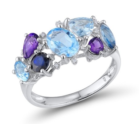 14KW Ring Amethyst,Blue Sapphire,Blue Topaz (Sky Blue),Blue Topaz (Swiss Blue),Diamond,London Blue Topaz (R304415MUL214KW) - US 6