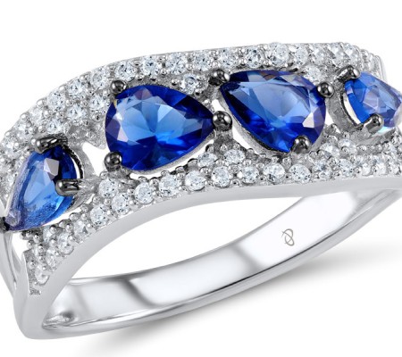 Sterling Silver w/ Black White Plating Ring Blue Glass,White Cubic Zirconia (R304537SBLGZSK925) - US 5